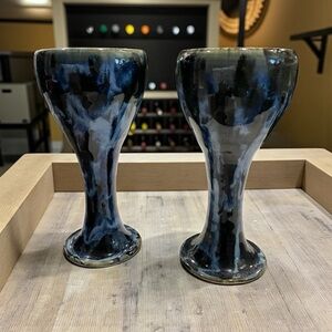 Handcrafted 8” Ceramic Churning Goblet – Blue & Black Glaze (Set of 2)